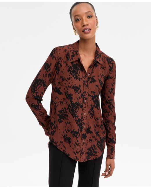 INC International Concepts Brown Printed Button-front Shirt