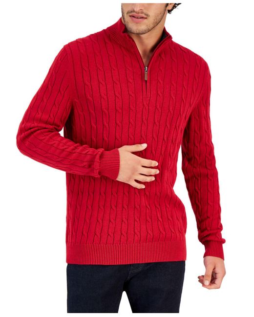Club Room Cable Knit Quarter-zip Cotton Sweater, Created For Macy's in ...