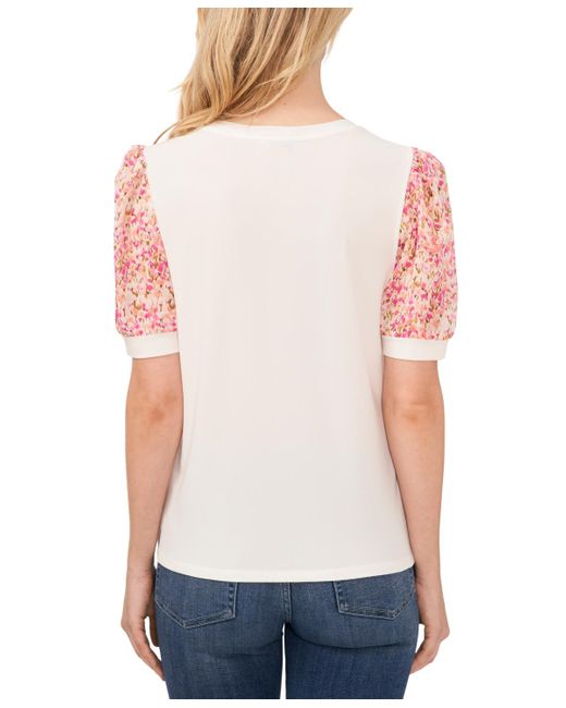 Cece White Floral Short Sleeve Mixed Media Crewneck Knit Top