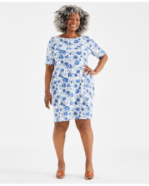 Style & Co. Blue Plus Size Printed Boat-neck Dress