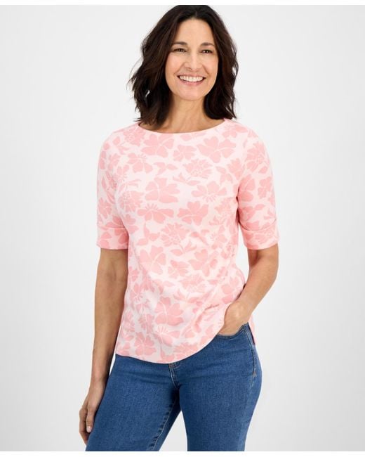 Style & Co. Pink Printed Boat-neck Elbow-sleeve Top