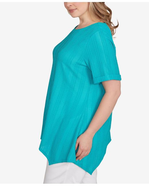 Ruby Rd Blue Plus Size Solid Crinkle Knit Top