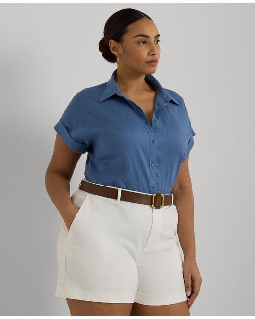 Lauren by Ralph Lauren Blue Plus Size Linen Dolman Sleeve Top