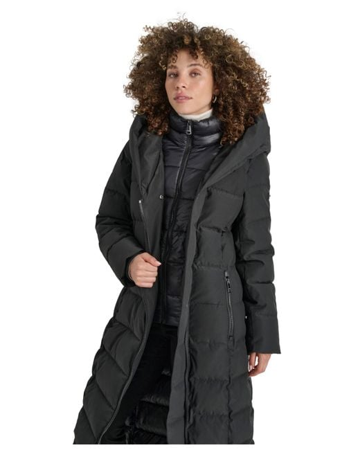 black shawl collar belted puffer coat