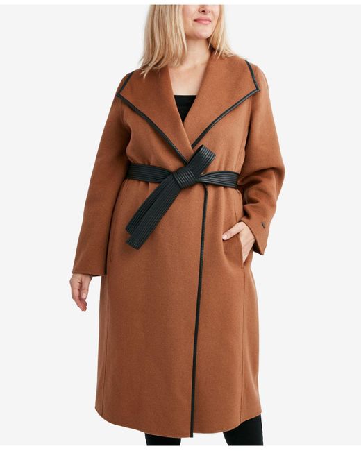 Tahari Plus Size Fauxleathertrim Belted Wrap Coat, Created For Macy's in Brown Lyst