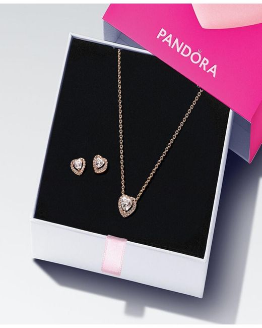 Pandora Metallic Sterling Silver Sparkling Cubic Zirconia Double Heart Halo Necklace And Stud Earrings Jewelry Gift Set