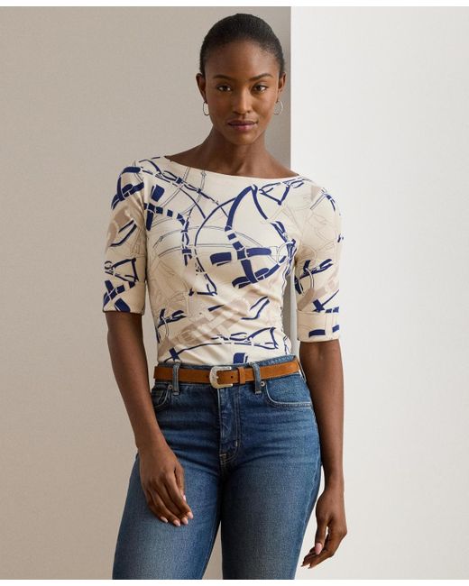 Ralph Lauren Blue Belting Print Cotton Boatneck Tee P Xs Xxl