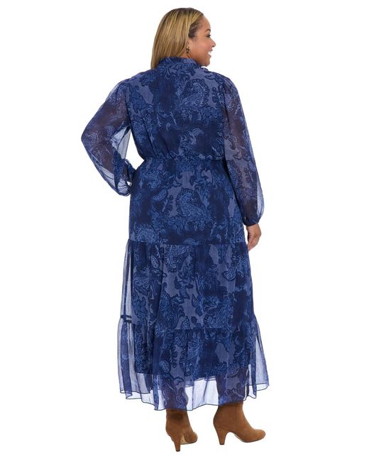 London Times Blue Plus Size Printed Long Sleeve A-line Dress