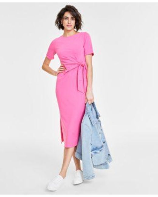 On 34th Pink Crewneck Wrap Tie Dress Created For Macys Xxs 4x