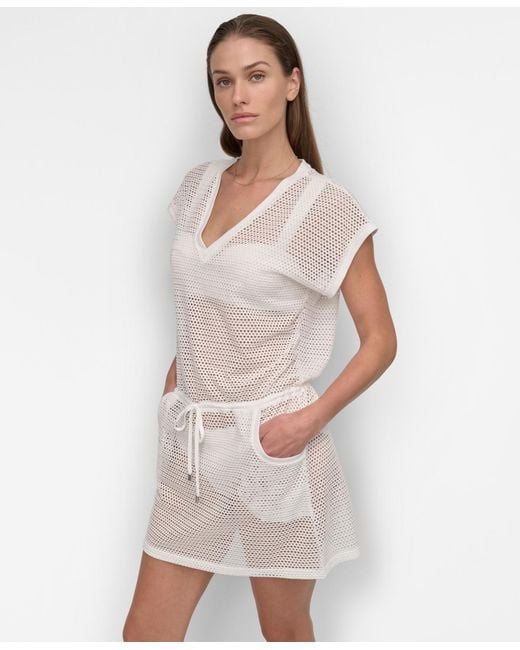 DKNY White Mesh Drawstring Tunic Swim Cover-up