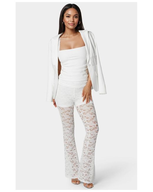 Bebe White Shirring Lace Sleeve Top