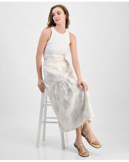 Jones New York White Printed Tiered Maxi Skirt