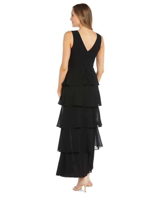R & M Richards Black Multi-tiered Side-slit Gown