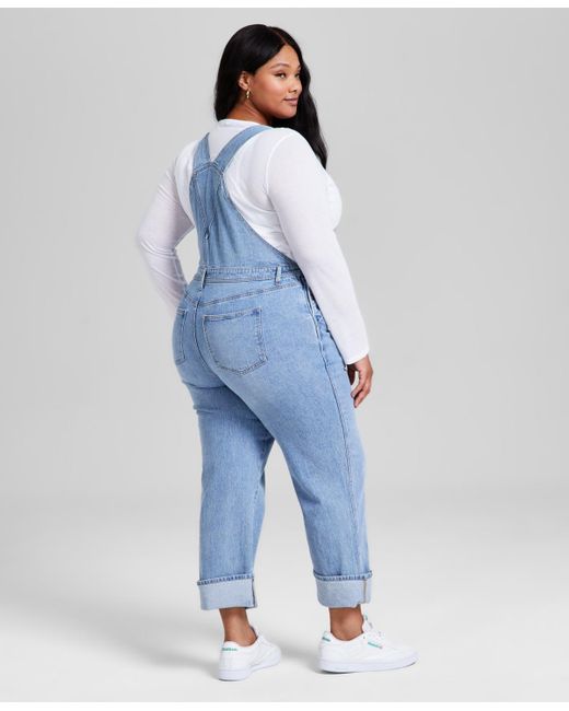 And Now This Blue Plus Size Cuffed Denim Overalls