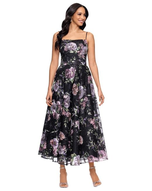 Betsy & Adam Black Floral-print Lace Sleeveless Dress