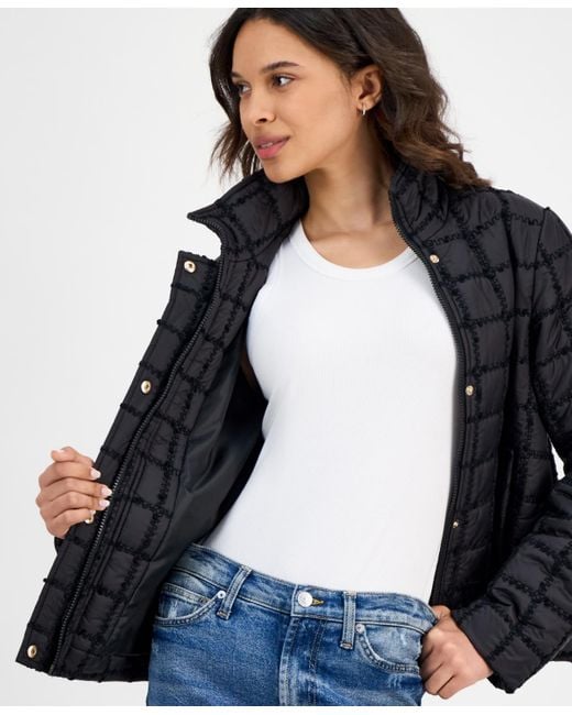 Cece Blue Short Boucle Windowpane Quilted Coat