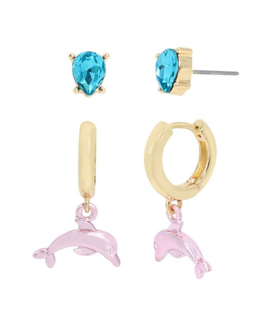 Betsey Johnson Blue Faux Stone Dolphin Charm huggie Duo Earring Set