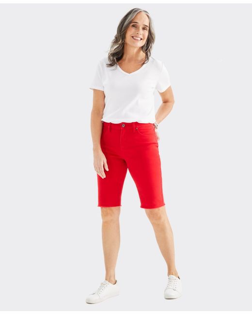 Style & Co. Red Mid-rise Raw-edge Bermuda Jean Shorts