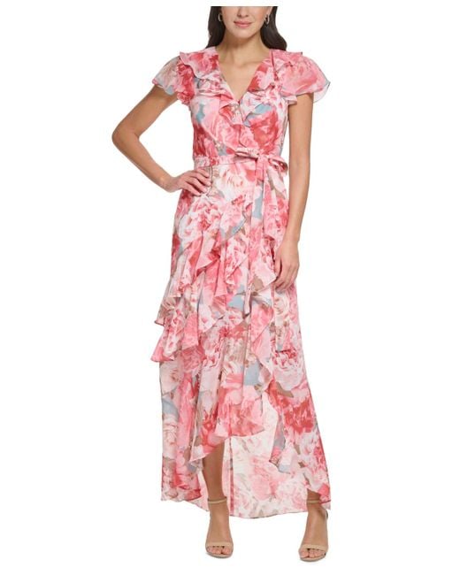 Eliza J Pink Floral-print Chiffon Asymmetrical-ruffled Faux-wrap Maxi Dress