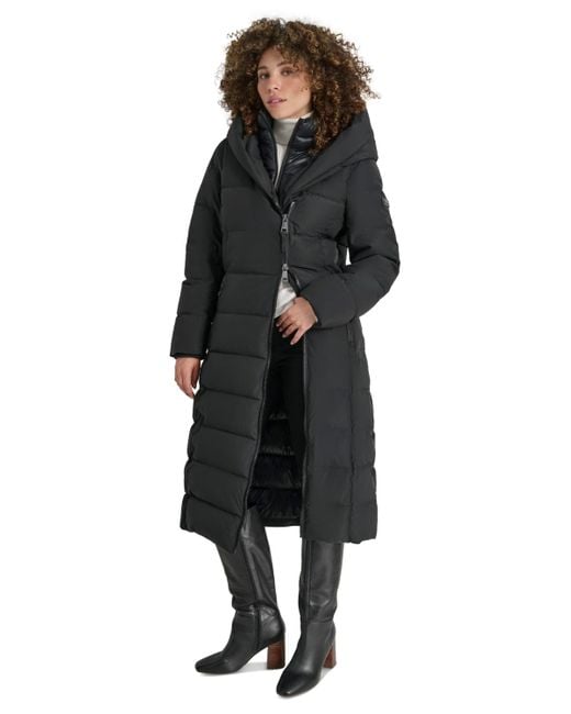 black shawl collar belted puffer coat