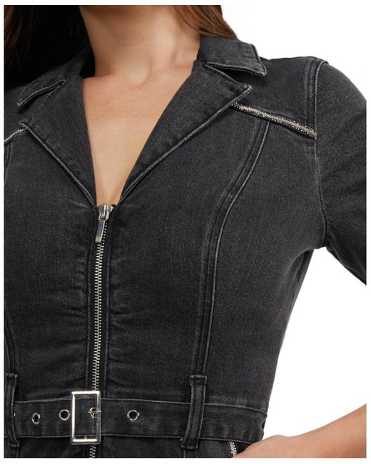 Bebe Rhinestone Trim Denim Dress in Black Lyst