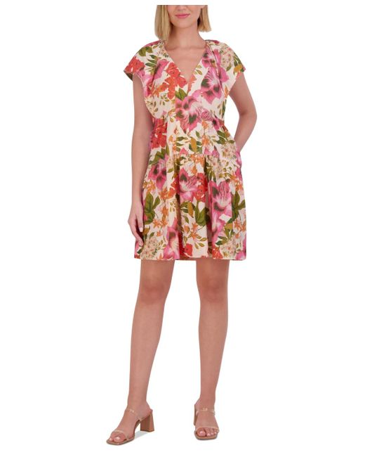Vince Camuto Red Floral Cap-sleeve A-line Dress