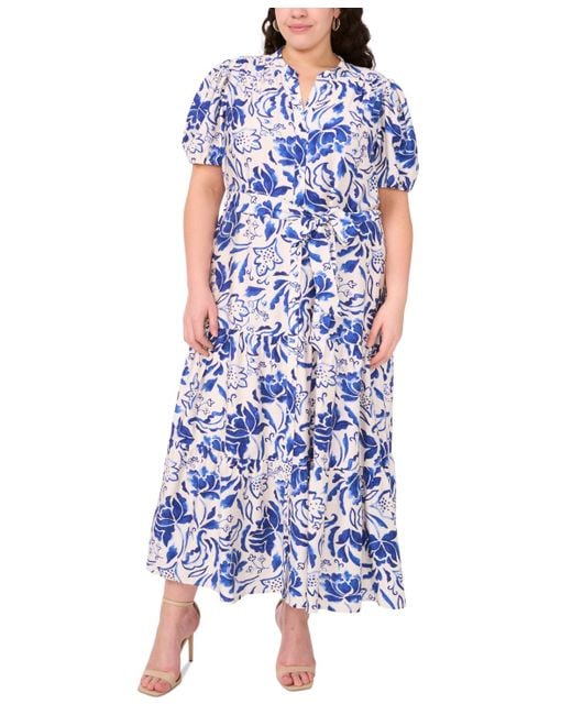 Msk Blue Plus Size Puff-sleeve Button-front Lawn Maxi Dress