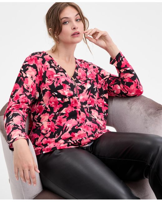INC International Concepts Red Plus Size Zip-front Long-sleeve Top