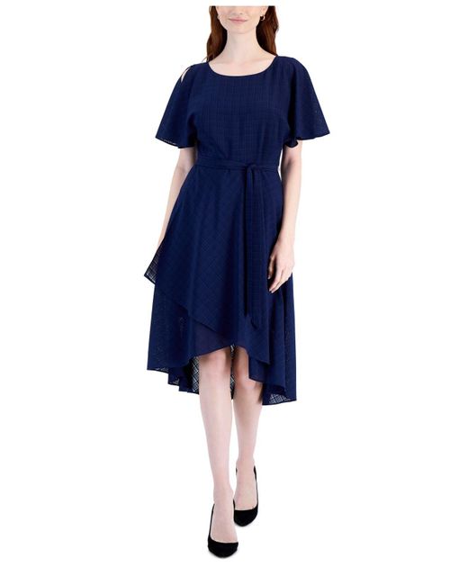 Anne Klein Flutter-sleeve Tie-waist Dress in Blue | Lyst Canada