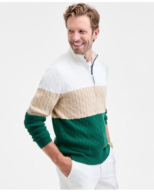 Club Room Men's Green Colorblocked Cable-knit Full-zip Sweater