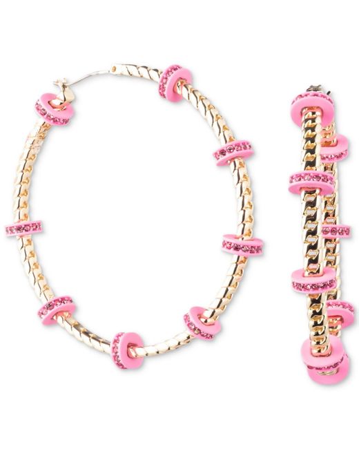 Karl Lagerfeld Pink Gold-tone Medium Pave & Color Bead Curb Chain Hoop Earrings