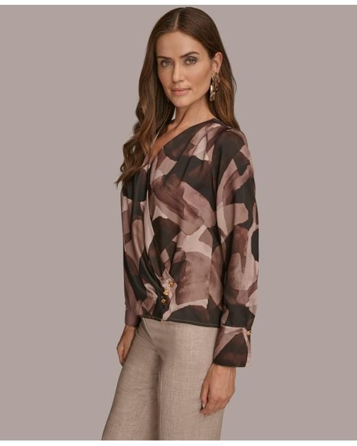 Donna Karan Brown Petite Printed Satin Long Sleeve Wrap Top