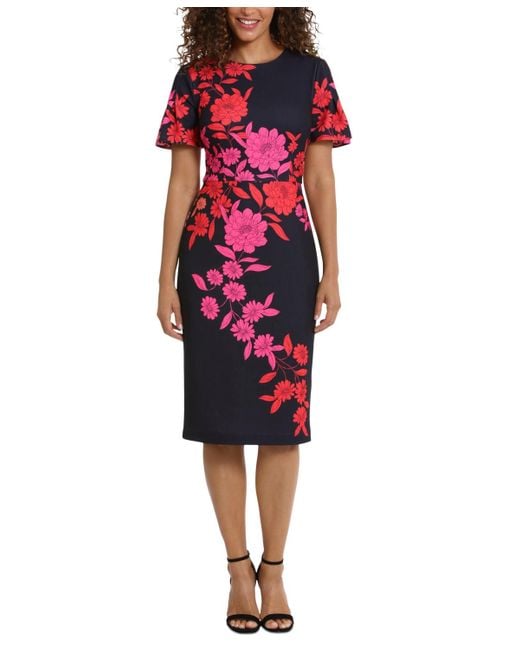 London Times Red Floral Flutter-sleeve Midi Dress