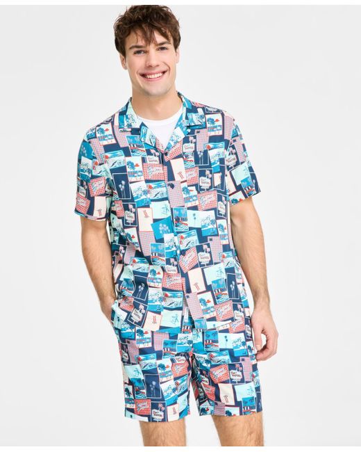 Original Penguin Blue Slim-fit Tropical-print Button-down Camp Shirt for men