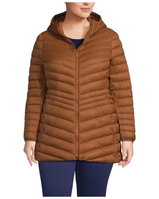 Lands' End Brown Plus Size Wanderweight Packable Down Hooded Long Jacket