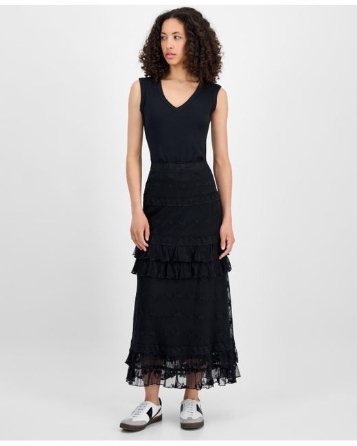 And Now This Black Lace Tiered Maxi Skirt