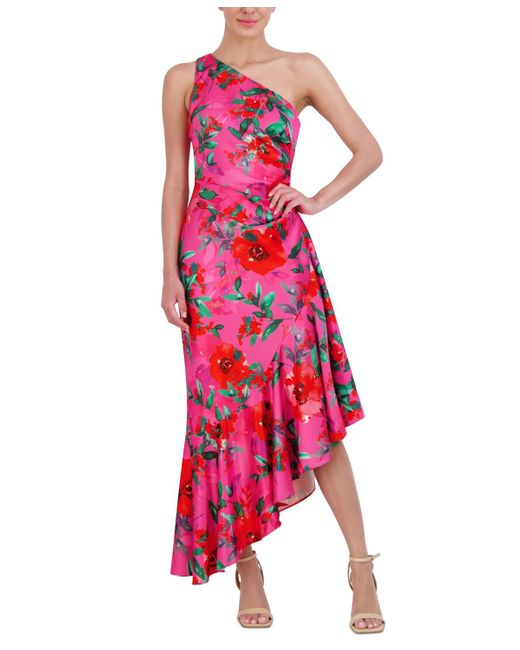 Eliza J Red Floral-print One-shoulder Maxi Dress