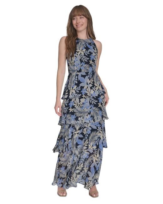 Tommy Hilfiger Blue Printed Tiered Halter Maxi Dress