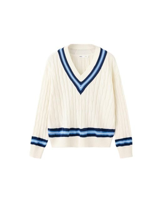Mango White Cable-knit V-neck Sweater