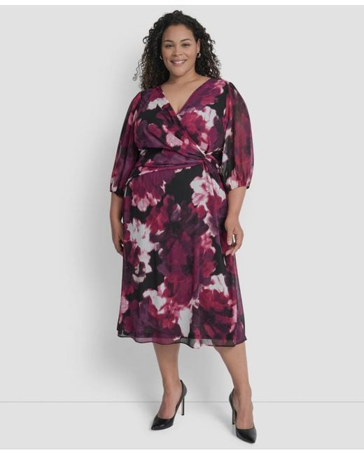 DKNY Red Plus Size Bubble Sleeve Surplice Neck Front Knot Midi Dress