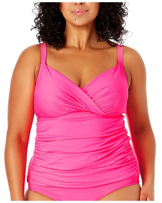 Anne Cole Pink Plus Size Surplice-neck Ruched Tankini Top