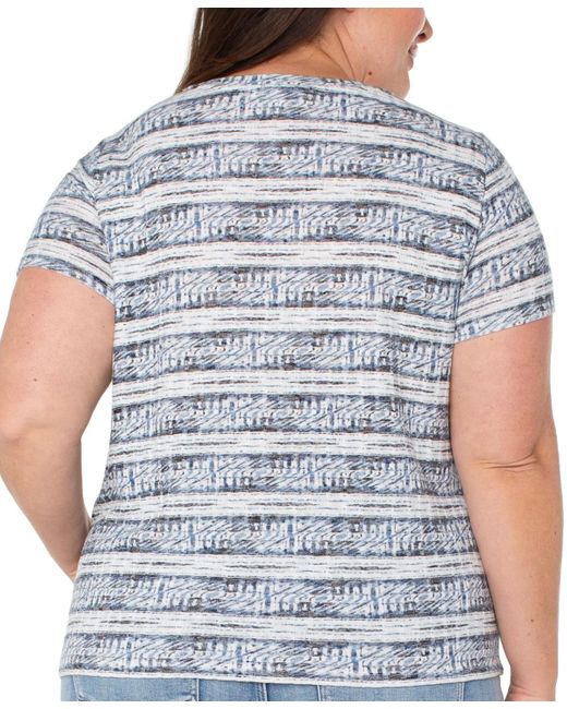Liverpool Los Angeles Gray Liverpool Plus Size Ikat-print Mitered Knit Short-sleeve Top