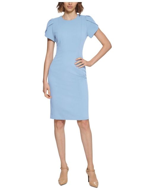 Calvin Klein Blue Tulip-sleeve Scuba-crepe Sheath Dress