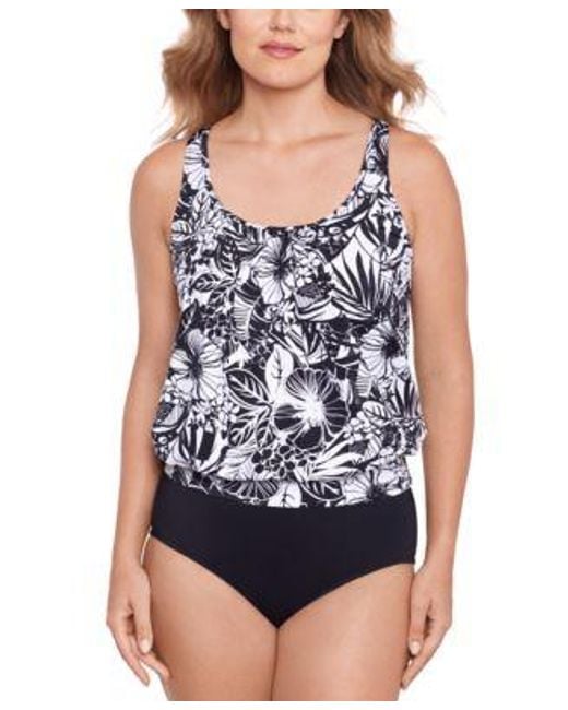 Swim Solutions Printed Shirred Neck Blouson Tankini Mid Rise Bikini Bottoms  Created For Macys in Black