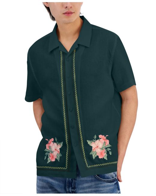 Guess Green Linen Embroidered Floral Shirt for men