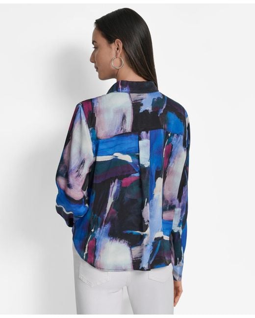 DKNY Blue Printed Long-sleeve Twist-front Blouse