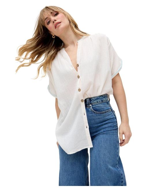Raffya White Juneeta Crop Sleeve Button Down Shirt