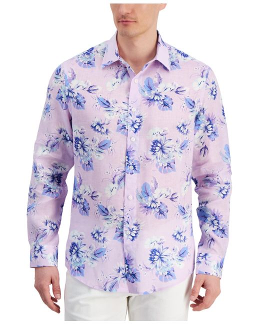 Club Room Blue Noche Floral-print Long-sleeve Linen Shirt for men