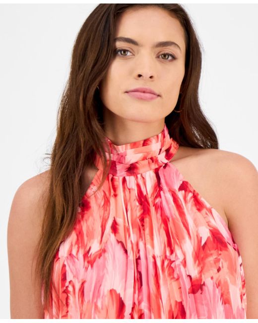 INC International Concepts Red Petite Printed Pleated Halterneck Top
