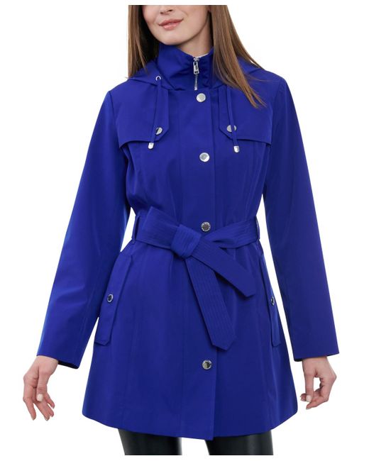 London Fog Blue Hooded Belted Zip-front Rain Coat